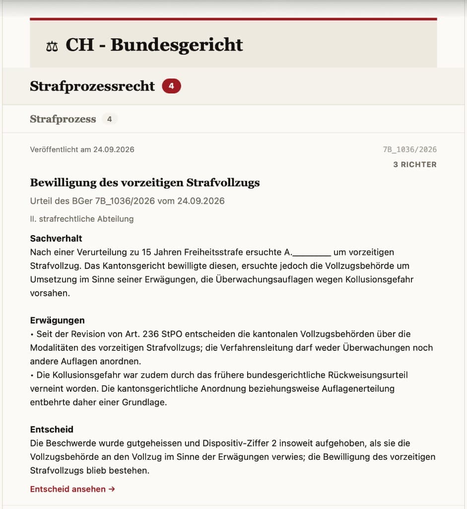 Beispiel einer E-Mail-Ausgabe von Lex Helvetia